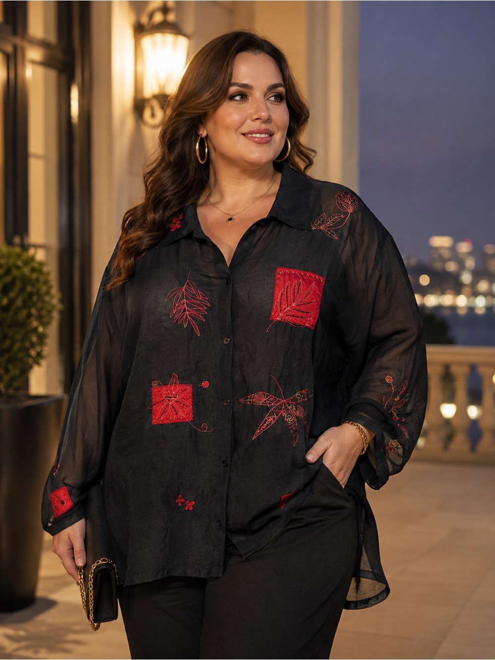 Maggie Barnes 5X 100% Silk Blouse Black Red Embroidered Sheer Boho Artsy